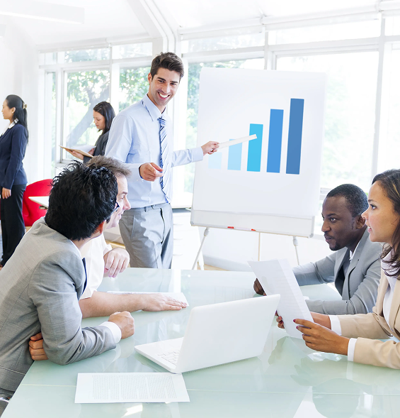 A diverse professional team collaborating during a strategy session